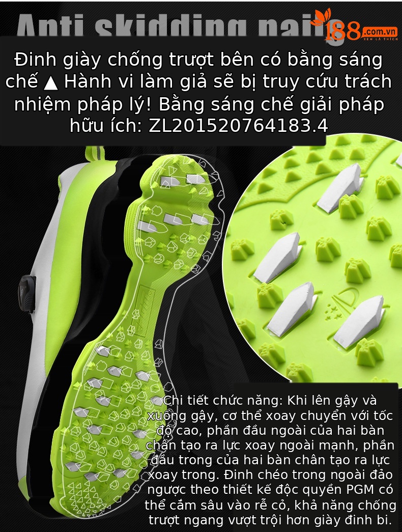 Giày golf nam chống thấm nước, chống trượt, đế đinh dẻo, khóa xoay tiện lợi — Trắng huỳnh quang, Trắng đen, Màu xanh lam trắng chi tiết 2