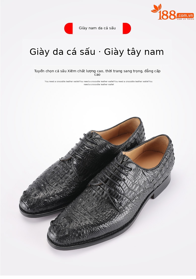 Giày da cá sấu nam công sở da thật mũi tròn — Màu đen chi tiết 1