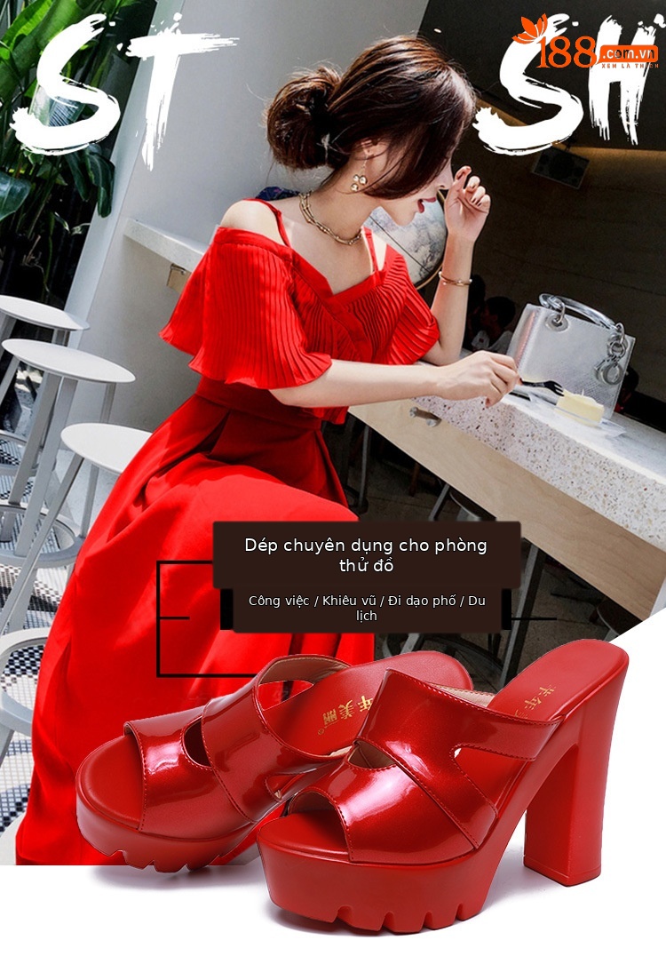 Dép nữ đế xuồng cao gót siêu cao hở mũi, gót thô platform, size lớn 40-43 — Màu đen, Màu trắng, Màu đỏ chi tiết 1