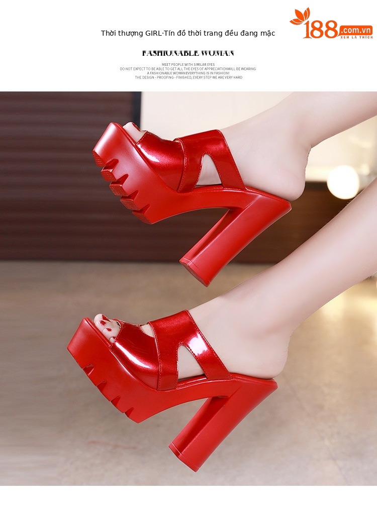 Dép nữ đế xuồng cao gót siêu cao hở mũi, gót thô platform, size lớn 40-43 — Màu đen, Màu trắng, Màu đỏ chi tiết 3