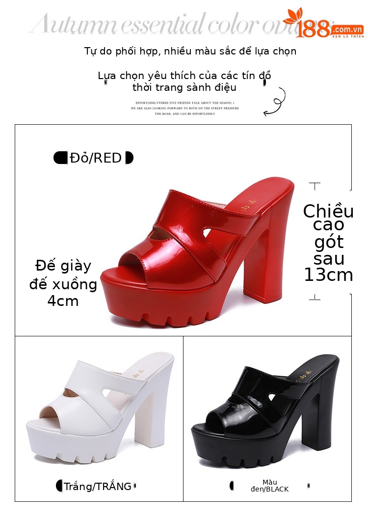 Dép nữ đế xuồng cao gót siêu cao hở mũi, gót thô platform, size lớn 40-43 — Màu đen, Màu trắng, Màu đỏ chi tiết 4