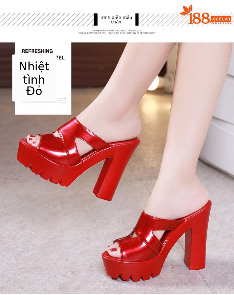 Dép nữ đế xuồng cao gót siêu cao hở mũi, gót thô platform, size lớn 40-43 — Màu đen, Màu trắng, Màu đỏ chi tiết 8
