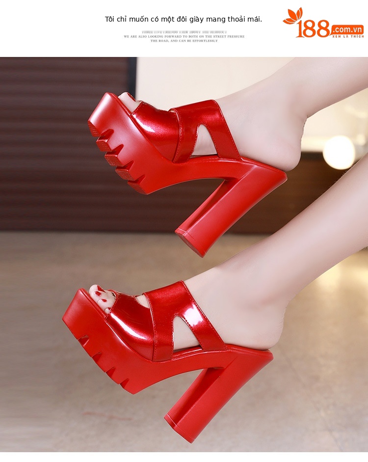 Dép nữ đế xuồng cao gót siêu cao hở mũi, gót thô platform, size lớn 40-43 — Màu đen, Màu trắng, Màu đỏ chi tiết 9