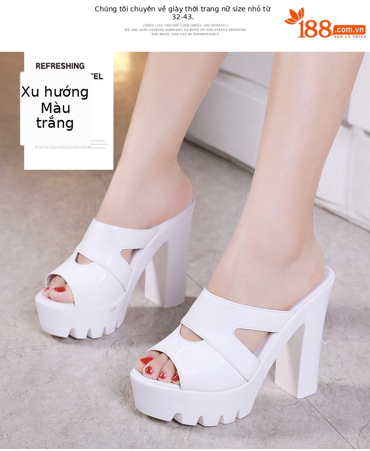 Dép nữ đế xuồng cao gót siêu cao hở mũi, gót thô platform, size lớn 40-43 — Màu đen, Màu trắng, Màu đỏ chi tiết 10