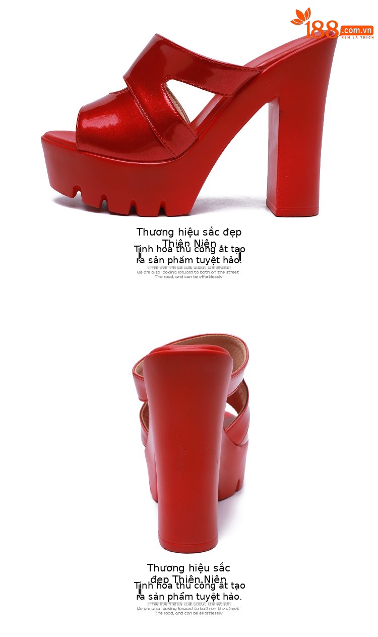 Dép nữ đế xuồng cao gót siêu cao hở mũi, gót thô platform, size lớn 40-43 — Màu đen, Màu trắng, Màu đỏ chi tiết 15