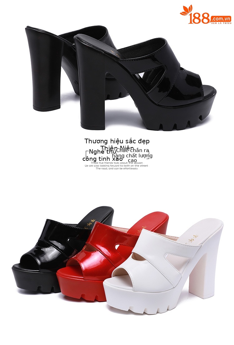 Dép nữ đế xuồng cao gót siêu cao hở mũi, gót thô platform, size lớn 40-43 — Màu đen, Màu trắng, Màu đỏ chi tiết 18
