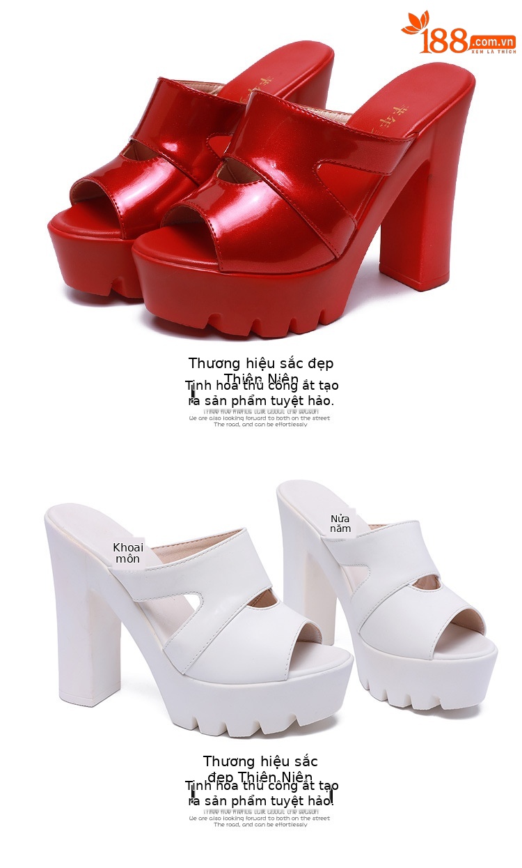 Dép nữ đế xuồng cao gót siêu cao hở mũi, gót thô platform, size lớn 40-43 — Màu đen, Màu trắng, Màu đỏ chi tiết 17