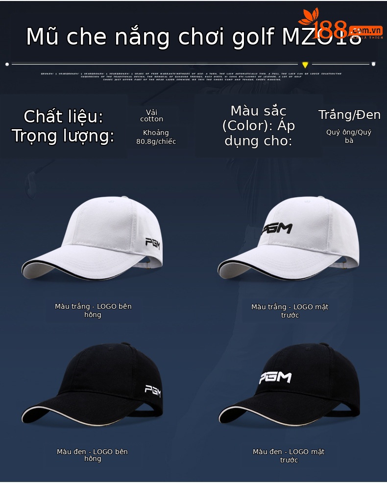 Mũ lưỡi trai golf PGM unisex chống nắng thể thao — MZ018 đen (thêu logo bên), MZ018 đen (thêu logo mặt trước), MZ018 trắng (thêu logo bên), MZ018 trắng (thêu logo mặt trước) chi tiết 2