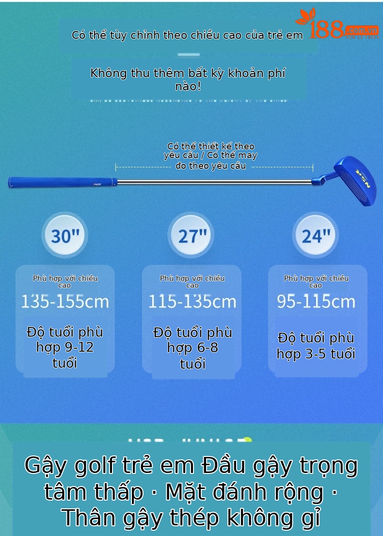 Gậy đánh golf trẻ em PGM thương hiệu thể thao — Trắng hồng (95-115cm), Trắng hồng (115-135cm), Trắng hồng (135-155cm), Xanh lam (95-115cm) chi tiết 2
