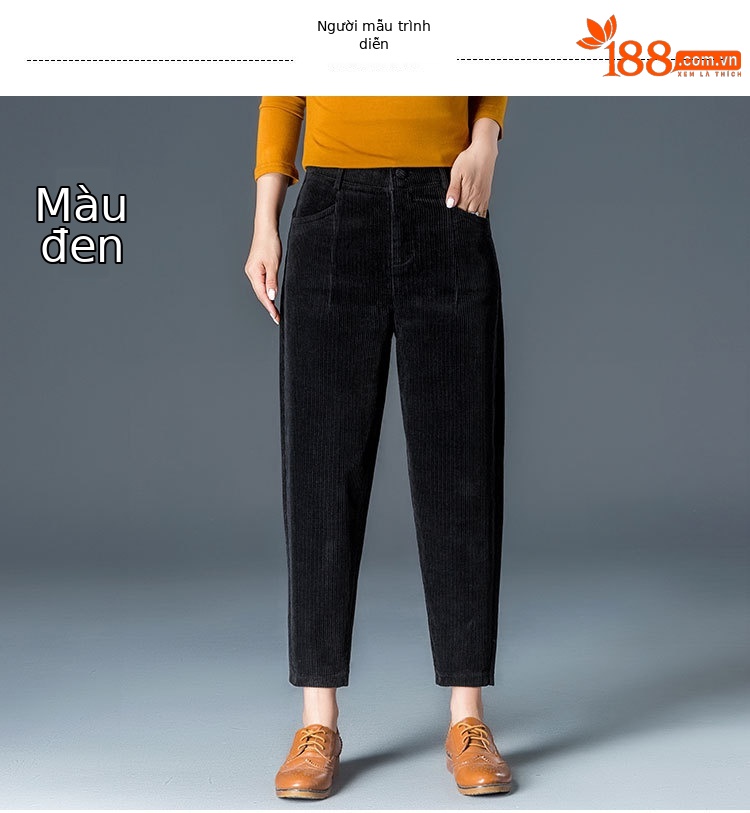 Quần nữ ống rộng harem nhung kẻ sọc dáng 9 phần — Màu đen chi tiết 2