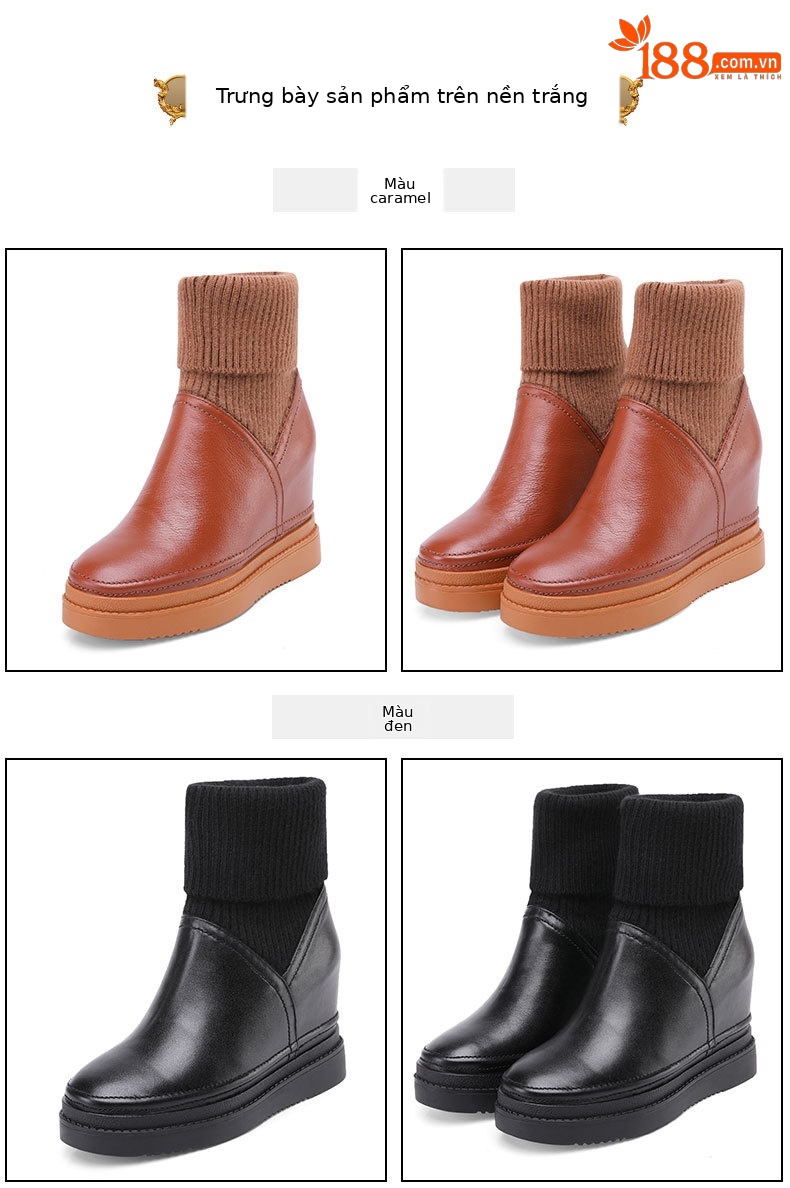 Giày boot nữ cổ thấp phong cách Hàn Quốc, tăng chiều cao, dốc gót, dễ phối đồ — Màu nâu lót nhung chi tiết 7