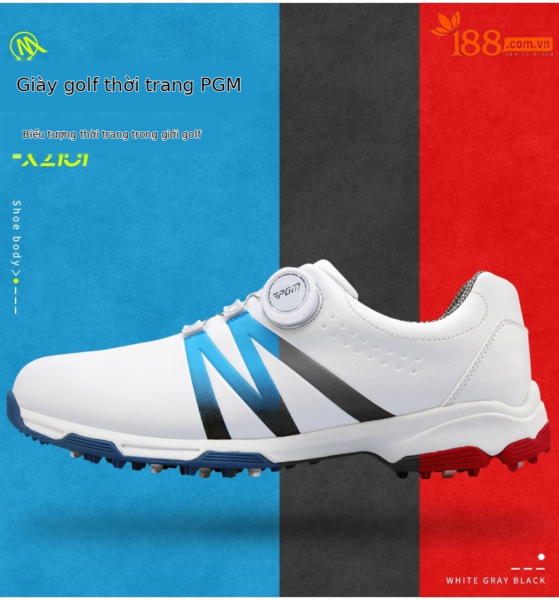 Giày golf nam PGM dây xoay chống nước thoáng khí đế chống trượt — Xz101 trắng xám đen, Xz101 Trắng Đỏ Đen, Xz101 trắng xanh đen chi tiết 3