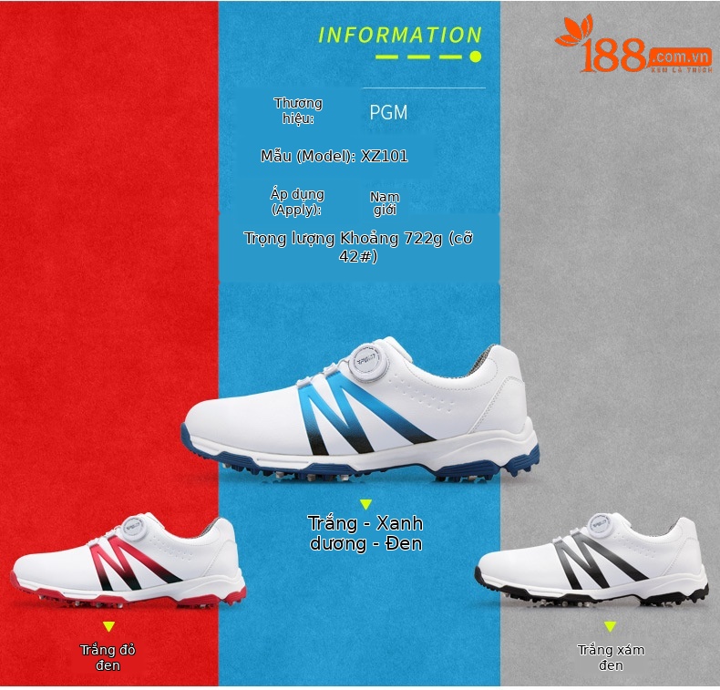 Giày golf nam PGM dây xoay chống nước thoáng khí đế chống trượt — Xz101 trắng xám đen, Xz101 Trắng Đỏ Đen, Xz101 trắng xanh đen chi tiết 8