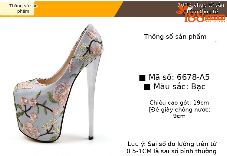 Giày cao gót mũi nhọn phong cách dân tộc thêu hoa, gót 19 cm, size lớn 43–50 — Màu bạc chi tiết 2
