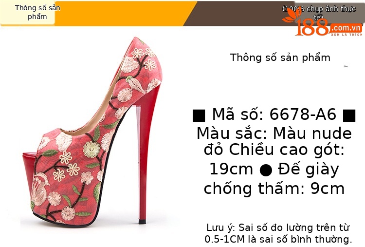 Giày sneaker nữ đế dày miệng cá phong cách Trung Quốc thêu họa tiết — Màu đỏ (19cm) chi tiết 2