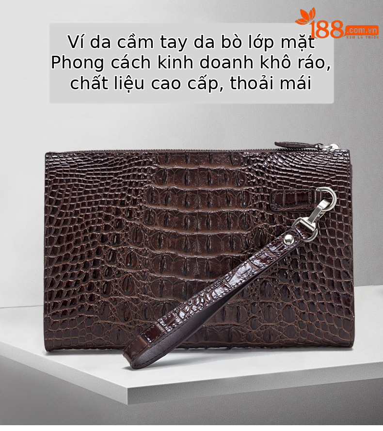Túi clutch nam dập nổi vảy cá sấu cao cấp dây kéo 25×16×5.5 cm — Màu đen, Màu cà phê chi tiết 1