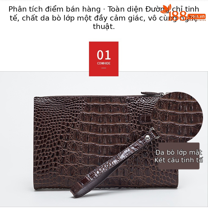 Túi clutch nam dập nổi vảy cá sấu cao cấp dây kéo 25×16×5.5 cm — Màu đen, Màu cà phê chi tiết 2
