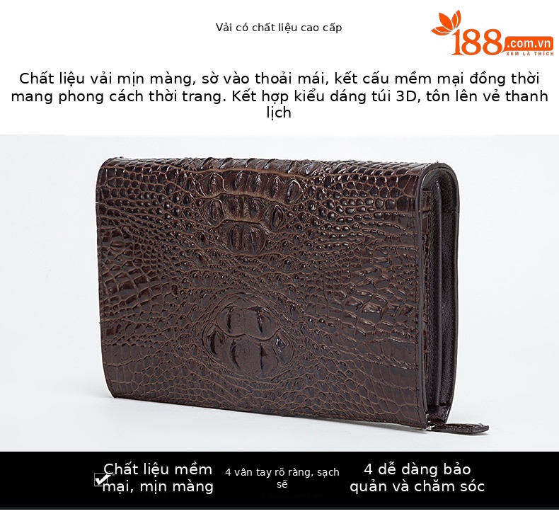 Túi clutch nam dập nổi vảy cá sấu cao cấp dây kéo 25×16×5.5 cm — Màu đen, Màu cà phê chi tiết 3