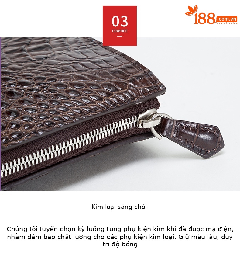 Túi clutch nam dập nổi vảy cá sấu cao cấp dây kéo 25×16×5.5 cm — Màu đen, Màu cà phê chi tiết 5