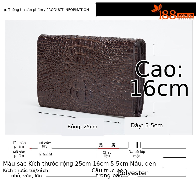 Túi clutch nam dập nổi vảy cá sấu cao cấp dây kéo 25×16×5.5 cm — Màu đen, Màu cà phê chi tiết 7