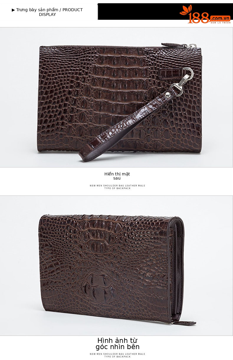 Túi clutch nam dập nổi vảy cá sấu cao cấp dây kéo 25×16×5.5 cm — Màu đen, Màu cà phê chi tiết 9