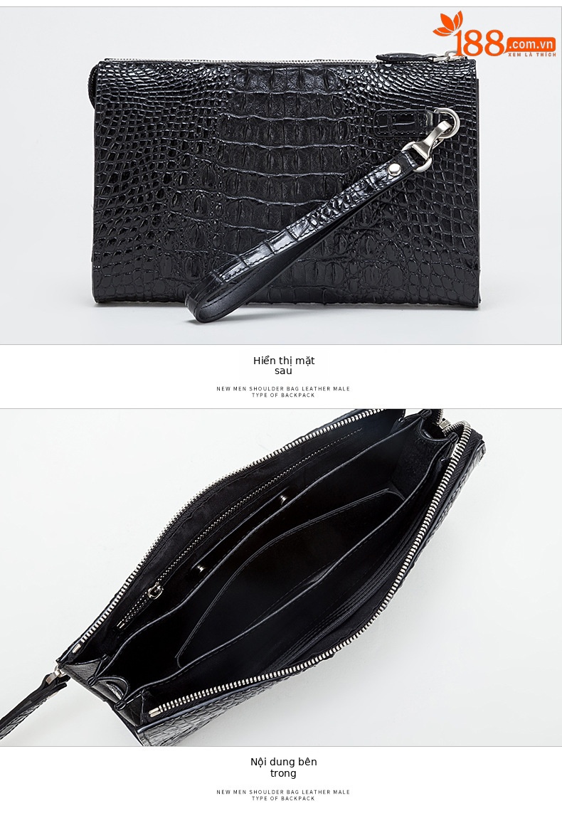 Túi clutch nam dập nổi vảy cá sấu cao cấp dây kéo 25×16×5.5 cm — Màu đen, Màu cà phê chi tiết 13