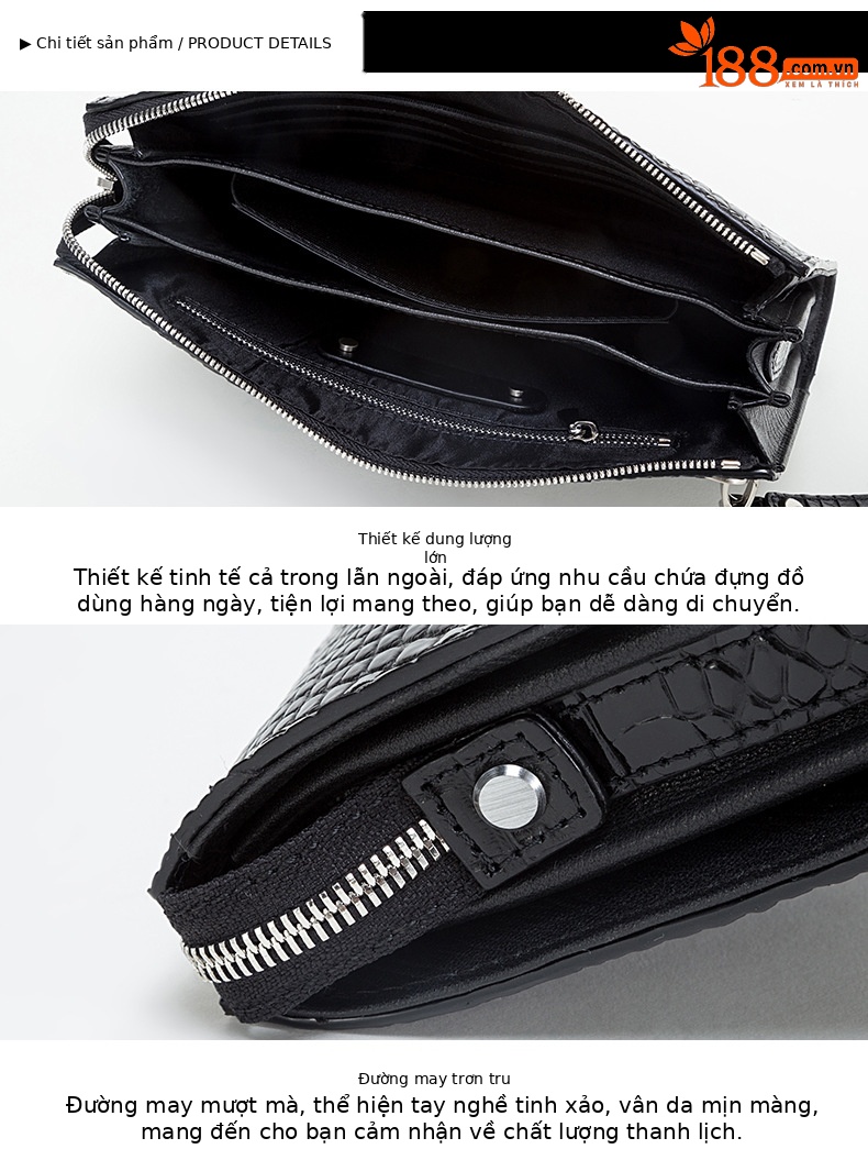 Túi clutch nam dập nổi vảy cá sấu cao cấp dây kéo 25×16×5.5 cm — Màu đen, Màu cà phê chi tiết 14
