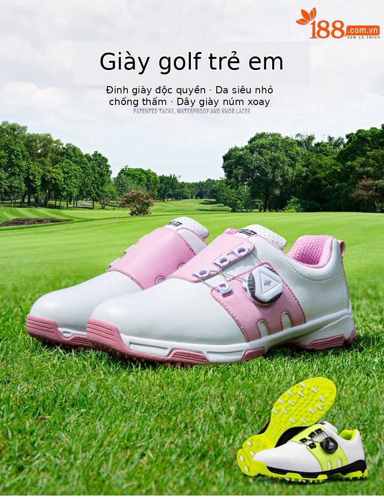 Giày golf trẻ em PGM thoáng khí chống trượt, dây giày xoay nút, đế EVA nhẹ — XZ099 bột trắng B, XZ099 Trắng Xanh lục huỳnh quang chi tiết 2