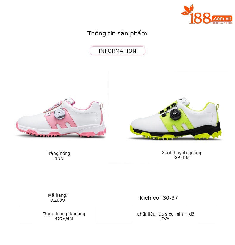 Giày golf trẻ em PGM thoáng khí chống trượt, dây giày xoay nút, đế EVA nhẹ — XZ099 bột trắng B, XZ099 Trắng Xanh lục huỳnh quang chi tiết 6
