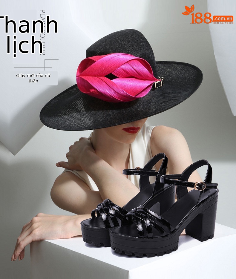 Sandal cao gót nữ hở mũi đế xuồng platform da bóng mũi nhọn gót dày — Màu đen, Màu trắng chi tiết 1