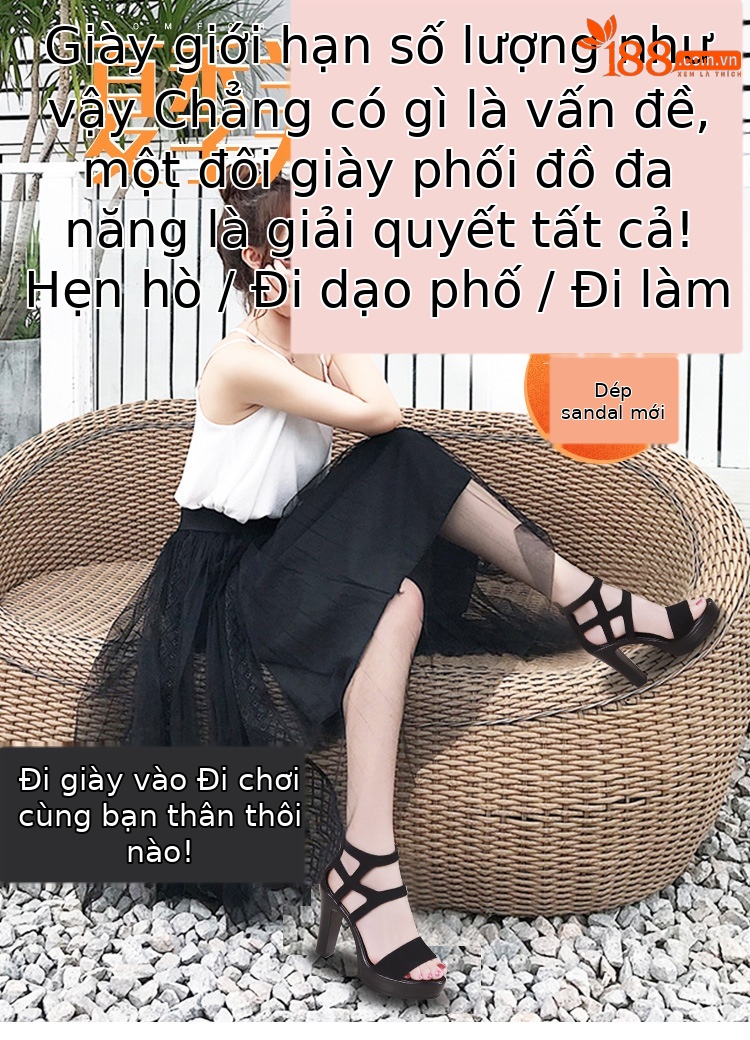 Sandal cao gót nữ mũi hở gót thô đế platform phong cách La Mã — Màu xám viền hoa 10cm, Màu đen, Màu đen viền hoa 10cm, Màu đen viền hoa 13cm chi tiết 1