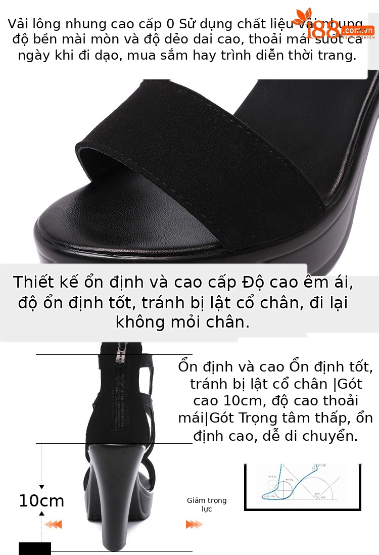 Sandal cao gót nữ mũi hở gót thô đế platform phong cách La Mã — Màu xám viền hoa 10cm, Màu đen, Màu đen viền hoa 10cm, Màu đen viền hoa 13cm chi tiết 4