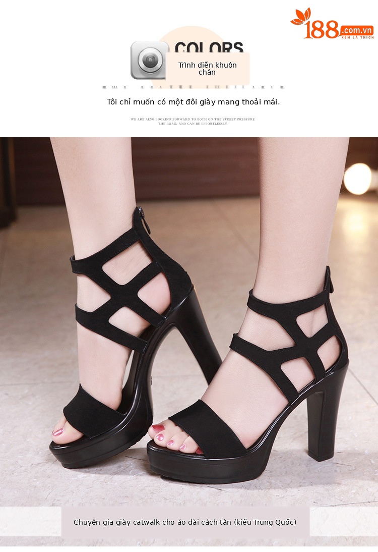 Sandal cao gót nữ mũi hở gót thô đế platform phong cách La Mã — Màu xám viền hoa 10cm, Màu đen, Màu đen viền hoa 10cm, Màu đen viền hoa 13cm chi tiết 6