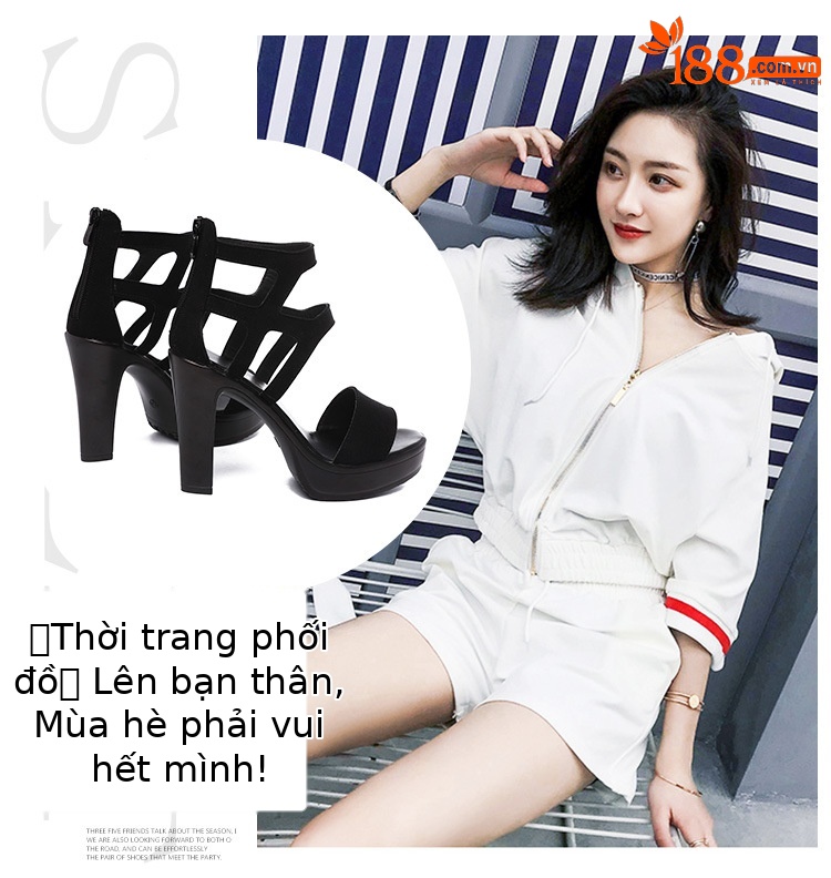 Sandal cao gót nữ mũi hở gót thô đế platform phong cách La Mã — Màu xám viền hoa 10cm, Màu đen, Màu đen viền hoa 10cm, Màu đen viền hoa 13cm chi tiết 7