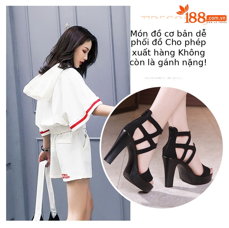 Sandal cao gót nữ mũi hở gót thô đế platform phong cách La Mã — Màu xám viền hoa 10cm, Màu đen, Màu đen viền hoa 10cm, Màu đen viền hoa 13cm chi tiết 10