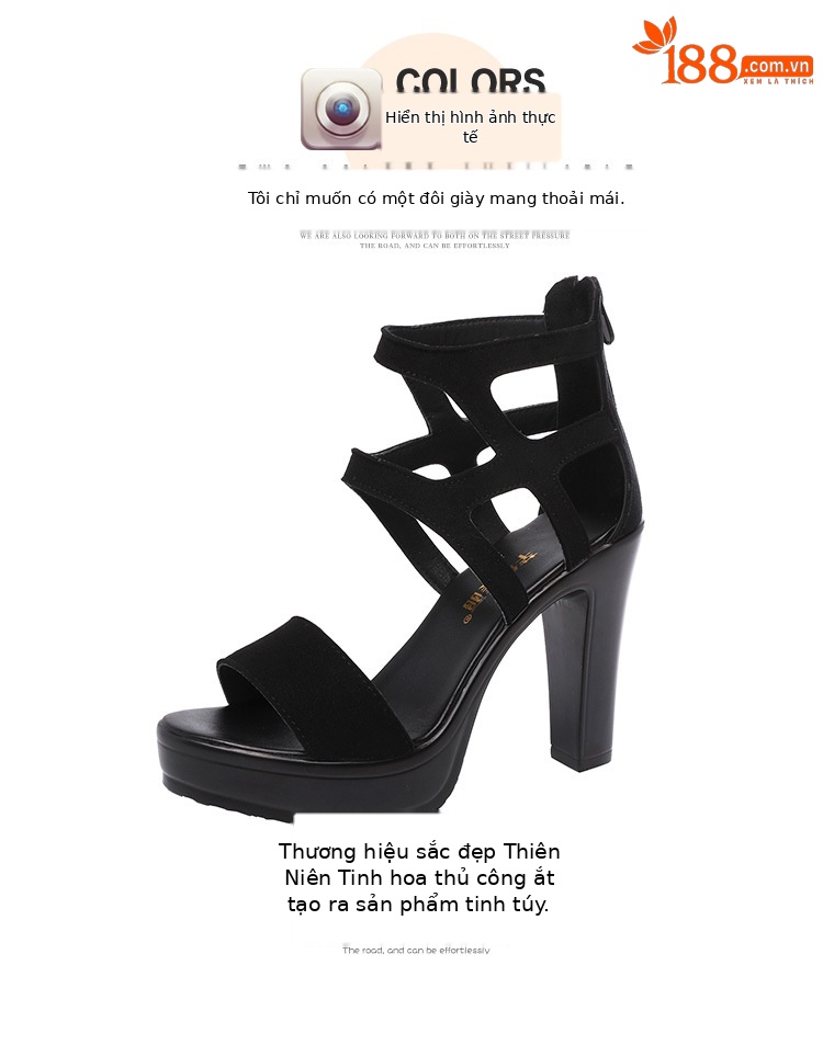 Sandal cao gót nữ mũi hở gót thô đế platform phong cách La Mã — Màu xám viền hoa 10cm, Màu đen, Màu đen viền hoa 10cm, Màu đen viền hoa 13cm chi tiết 13