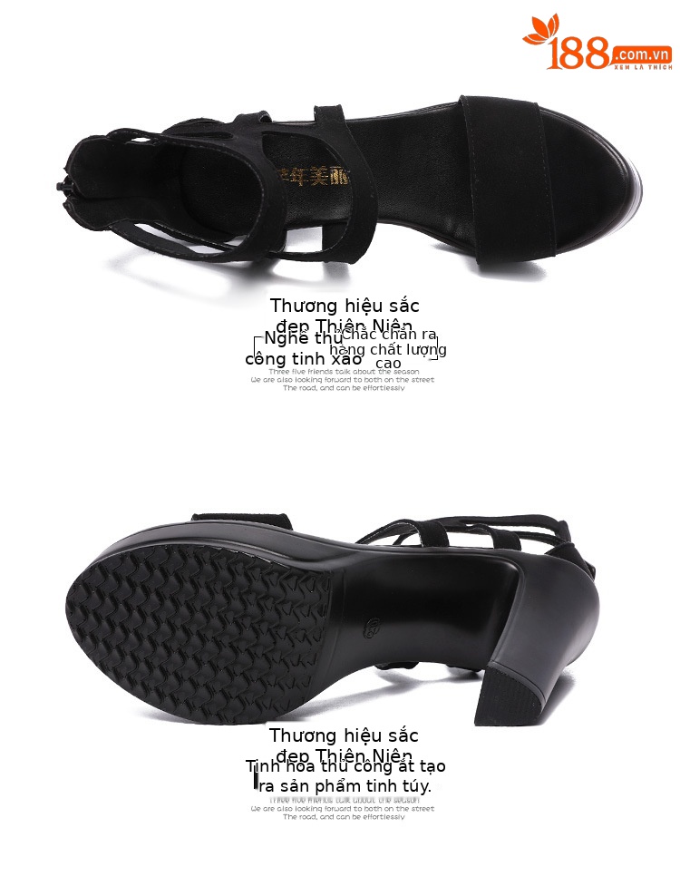 Sandal cao gót nữ mũi hở gót thô đế platform phong cách La Mã — Màu xám viền hoa 10cm, Màu đen, Màu đen viền hoa 10cm, Màu đen viền hoa 13cm chi tiết 15