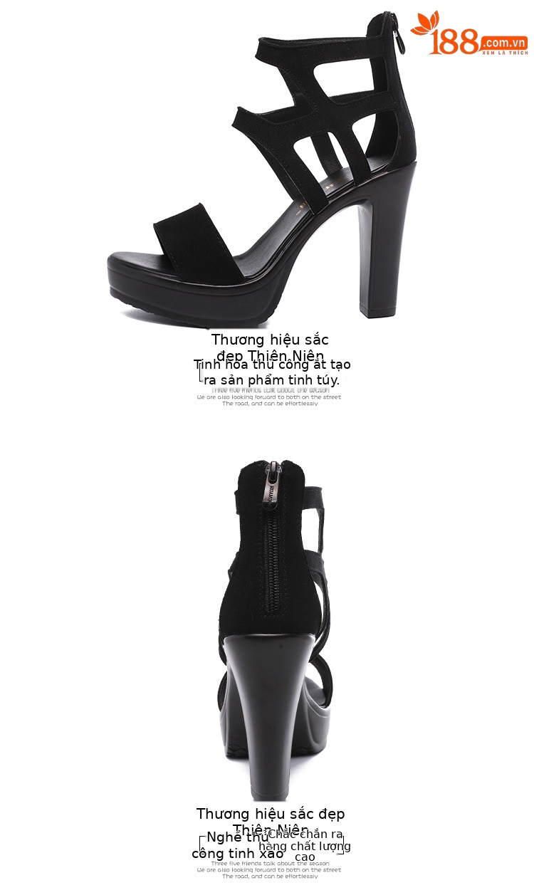 Sandal cao gót nữ mũi hở gót thô đế platform phong cách La Mã — Màu xám viền hoa 10cm, Màu đen, Màu đen viền hoa 10cm, Màu đen viền hoa 13cm chi tiết 14