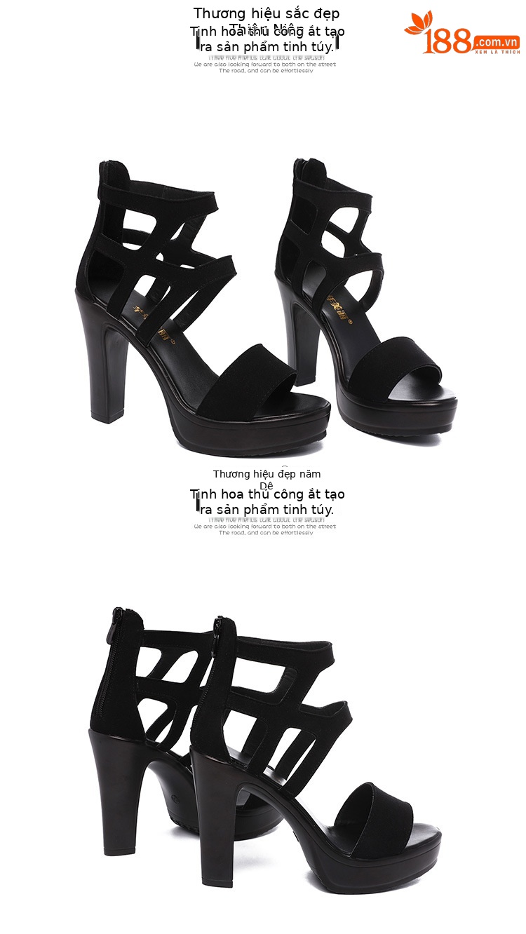 Sandal cao gót nữ mũi hở gót thô đế platform phong cách La Mã — Màu xám viền hoa 10cm, Màu đen, Màu đen viền hoa 10cm, Màu đen viền hoa 13cm chi tiết 17