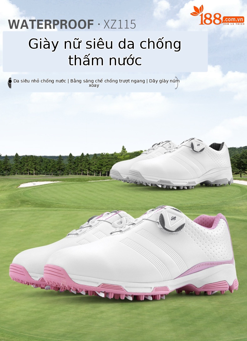 Giày golf nữ PGM chống nước khóa vặn dây đế foam — XZ115 màu đen, XZ115 toàn màu trắng, XZ115 trắng hồng chi tiết 1