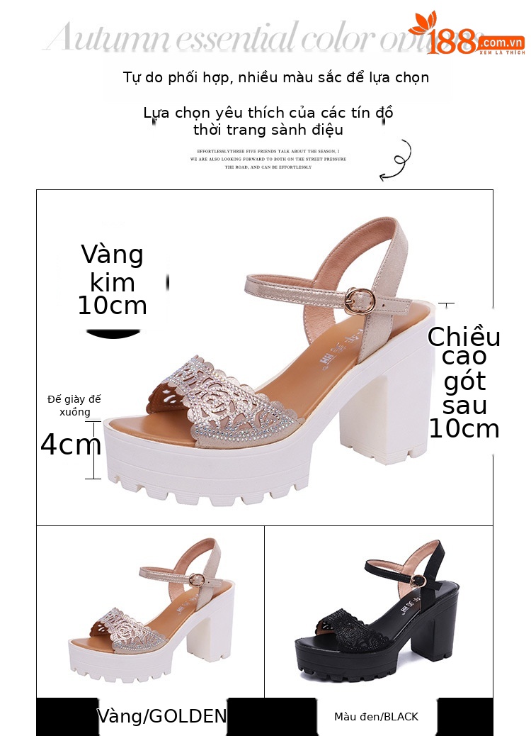 Sandal nữ đế xuồng cao gót siêu cao đính đá mũi hở, gót 13 cm — Đen 13cm, Vàng 10cm, Màu đen 10cm, Vàng 13cm chi tiết 3