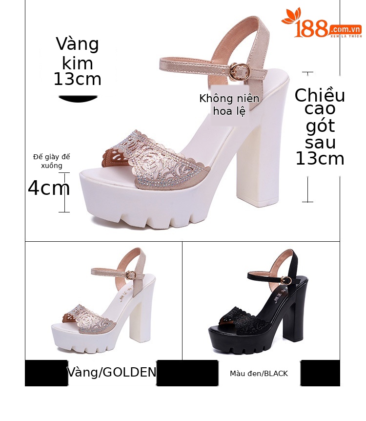 Sandal nữ đế xuồng cao gót siêu cao đính đá mũi hở, gót 13 cm — Đen 13cm, Vàng 10cm, Màu đen 10cm, Vàng 13cm chi tiết 4
