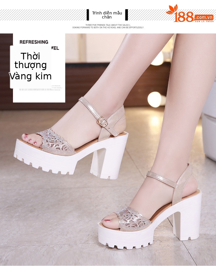 Sandal nữ đế xuồng cao gót siêu cao đính đá mũi hở, gót 13 cm — Đen 13cm, Vàng 10cm, Màu đen 10cm, Vàng 13cm chi tiết 8