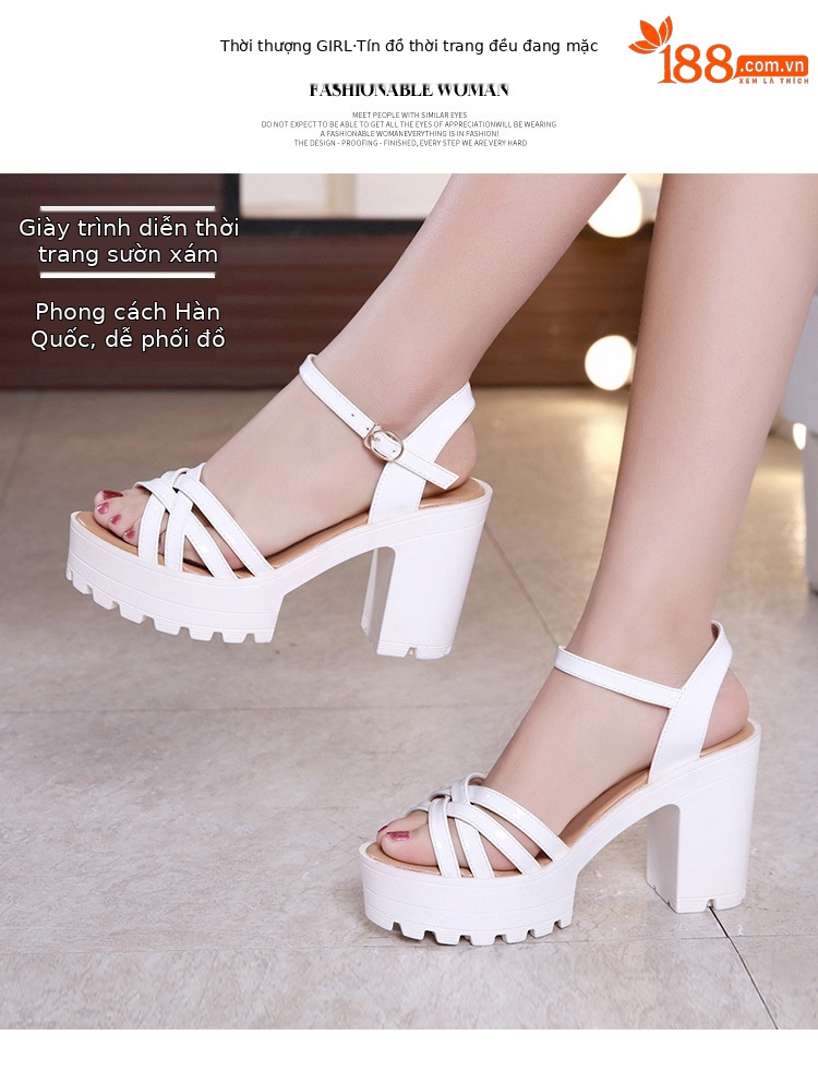 Sandal cao gót nữ kiểu Qipao đế xuồng platform gót dày 10 cm — Màu đen 10cm, Màu trắng 10cm, Màu đen 8cm, Trắng 8cm chi tiết 2
