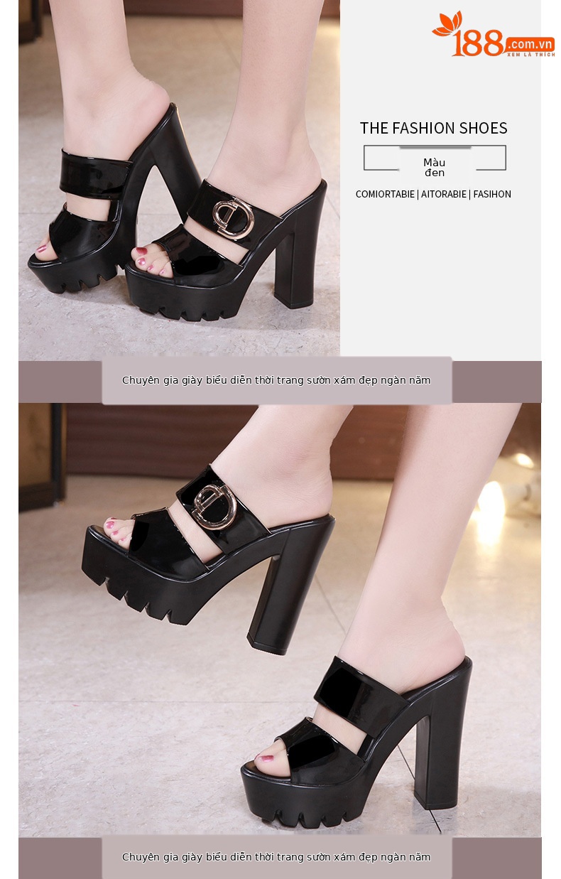 Dép sandal cao gót nữ mũi hở đế xuồng gót vuông 13 cm — Đỏ 13cm, Trắng 13cm, Đỏ 10cm, Đen 13cm chi tiết 9