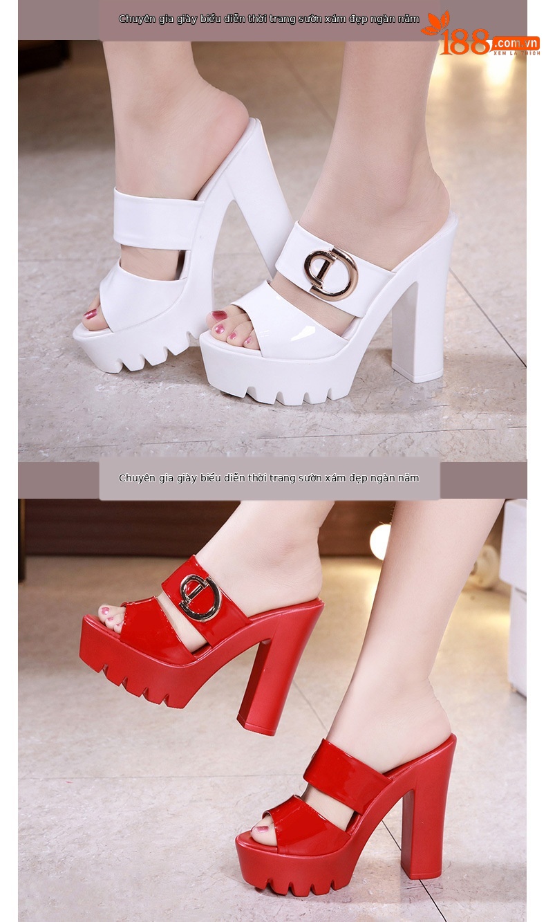 Dép sandal cao gót nữ mũi hở đế xuồng gót vuông 13 cm — Đỏ 13cm, Trắng 13cm, Đỏ 10cm, Đen 13cm chi tiết 11