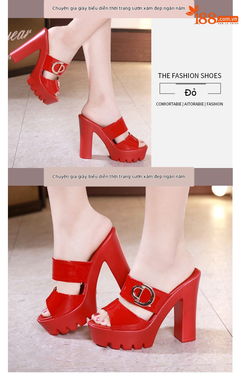 Dép sandal cao gót nữ mũi hở đế xuồng gót vuông 13 cm — Đỏ 13cm, Trắng 13cm, Đỏ 10cm, Đen 13cm chi tiết 12