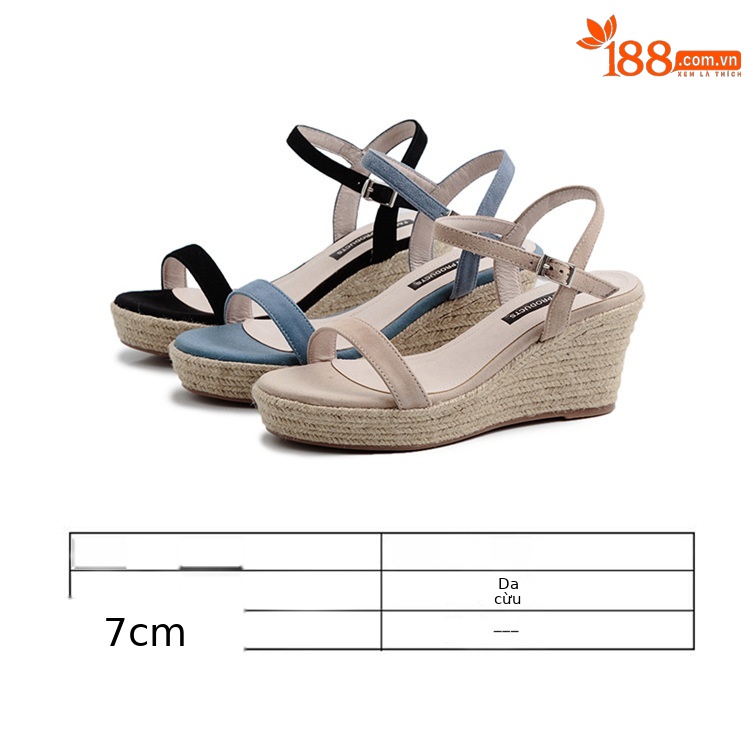 Sandal nữ quai ngang hở mũi gót cao 7 cm đế rơm — Màu đen chi tiết 5