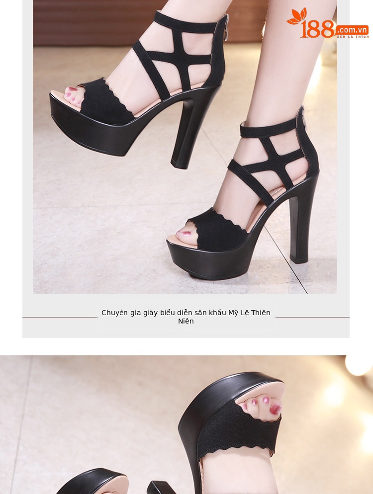 Sandal cao gót nữ hở mũi phong cách La Mã, gót dày đế xuồng 10–13 cm — Màu xanh 13cm, Màu Xanh Lá 10cm, Đen 13cm, Màu đen 10cm chi tiết 5