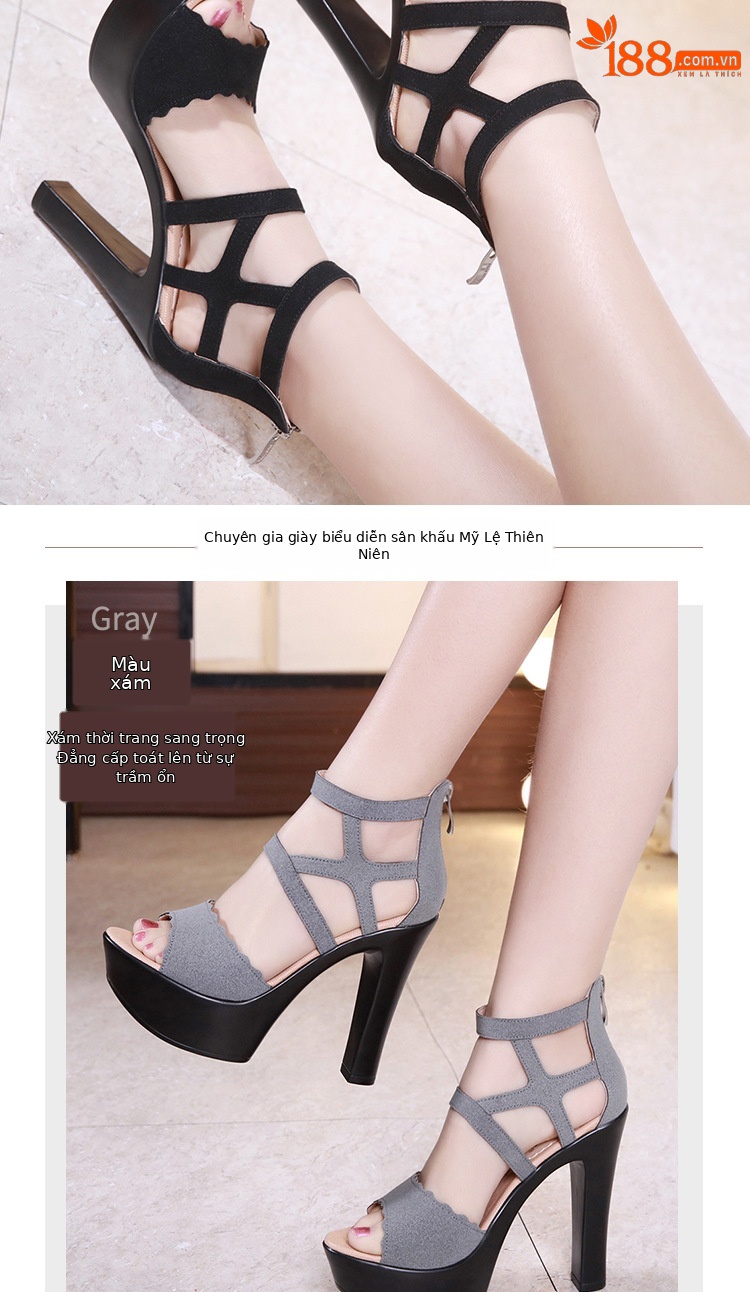 Sandal cao gót nữ hở mũi phong cách La Mã, gót dày đế xuồng 10–13 cm — Màu xanh 13cm, Màu Xanh Lá 10cm, Đen 13cm, Màu đen 10cm chi tiết 6